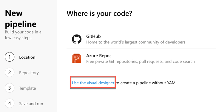 Creating a new pipeline with the visual designer